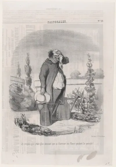 I thought it would be more fun than this to water flowers during a heatwave!, from "Romance of Country Life"