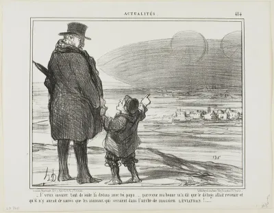 “- I want to go on this ship with you at once, Papa, my nanny said that the deluge will come again, and the only ones who will be saved, will be the animals on the ark of Mr. Leviathan!,” plate 484 from Actualités