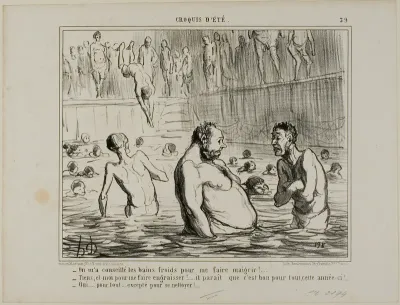 “- I was told to go to the cold batha to lose weight. - You don't say, I was just told the opposite. - Maybe they are good for everything this year! - True for everything, except cleanliness," plate 39 from Croquis D'été