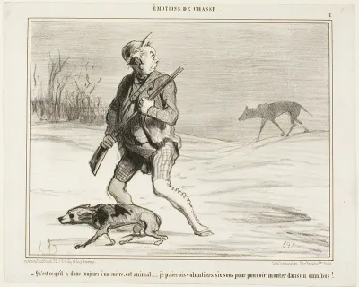 "- I wonder why this beast is following me all the time... I'll happily be paying 6 sous to jump on a bus," plate 1 from Émotions De Chasse