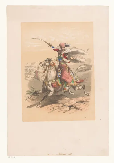 Ibrahim Pasha te paard met getrokken zwaard