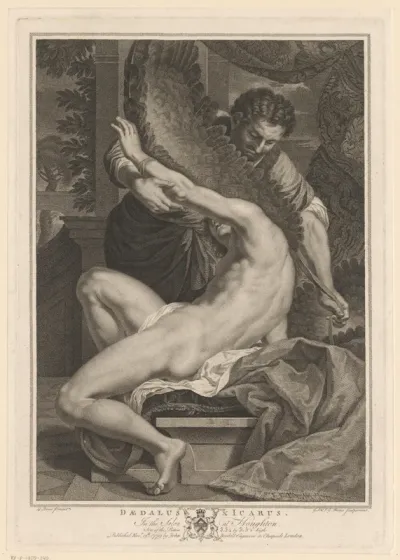 Icarus krijgt van Daedalus een vleugel aangezet