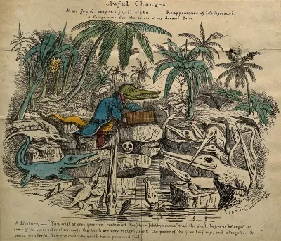 Ichthyosaurs attending a lecture on fossilised human remains