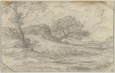 Ideal landscape with two trees and a rocky massif