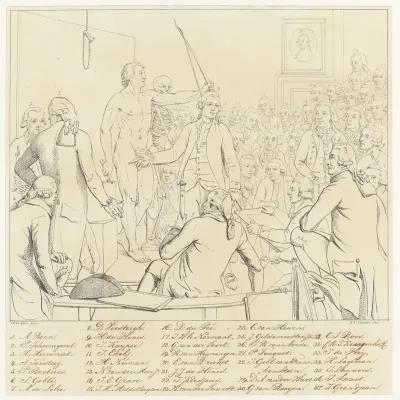 Identificatie van de portretten op het schilderij Professor Andreas Bonn opent de tekenzaal van de Maatschappij Felix Meritis te Amsterdam