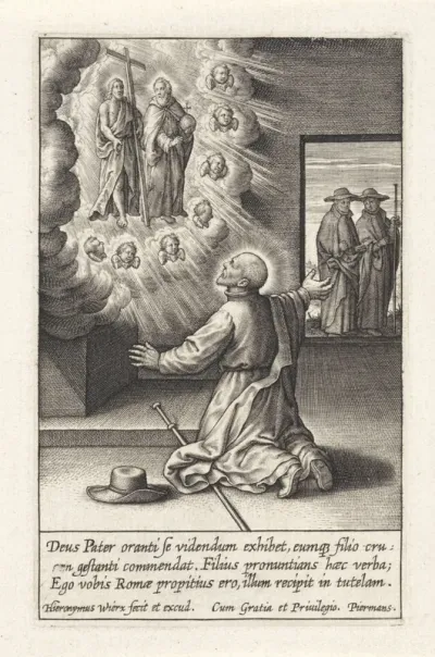 Ignatius van Loyola heeft een visioen van de gekruisigde Christus en God de Vader