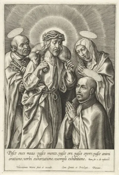 Ignatius van Loyola knielt voor Christus als de Goede Herder