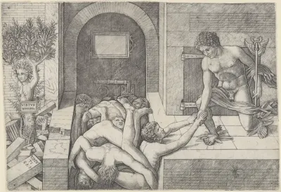 Ignorance and Mercury (an allegory of Virtue and Vice), Mercury kneeling at right holding a staff and taking the hand of a man who emerges from a pile of naked bodies, at left a tree with the torso and head of a woman (Daphne)