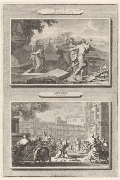 II Koningen XIII vs 21: Een Doode door 't aanraaken der beenderen van Elisa opgeweckt / II Chron. XXIV vs. 21:Zacharia gesteenigd