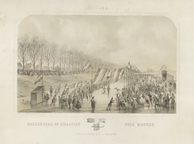 IJs-Club. Hardrijderij op schaatsen door mannen. Gehouden te Dockum op den 7 Januarij 1864