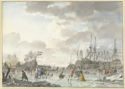 IJsvermaak op een bevroren rivier met schepen