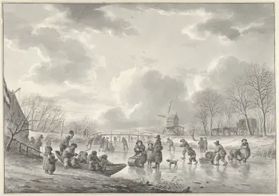 IJsvermaak op een vaart bij een molen