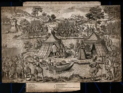 Île aux Bœufs, Loire: negotiations for the Pacification of Amboise in 1563 between the Queen Mother (regent for Charles IX), and the Huguenots, showing her receiving deputies at her tent