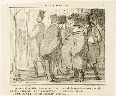 “- I'll go public with my business.... this is the right moment... I form a company with a capital of 3 Million Francs..... for the production of artifical plums!.... - I can already see you coming, you will ask me for the kernels,” plate 1 from Les 