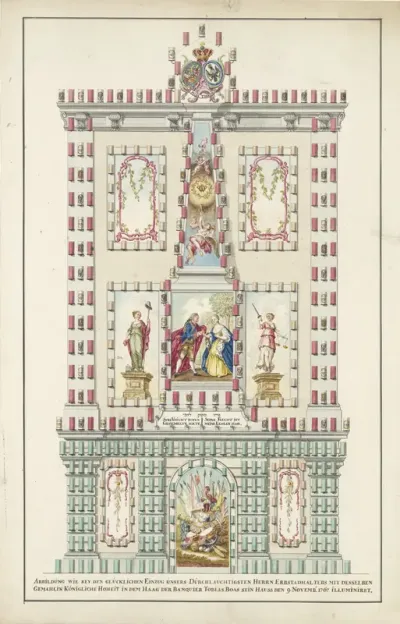 Illuminatie van het huis van Tobias Boas voor de intrede van Willem V en Wilhelmina van Pruisen, 1767