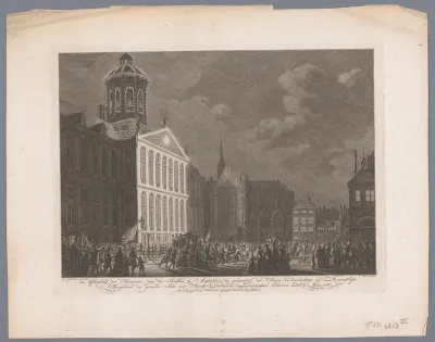 Illuminatie van het stadhuis te Amsterdam voor Willem V van Oranje-Nassau en Wilhelmina van Pruisen, 1768
