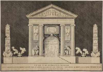 Illuminationsdekoration foran Københavns Rådhus ved Frederik V`s ligprocession 1766