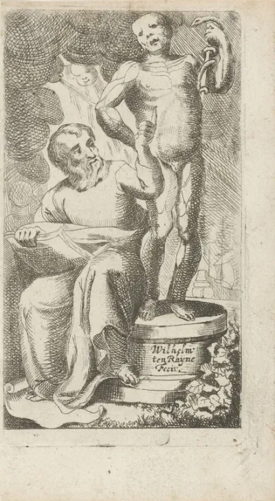 Illustratie voor de titelpagina van het boek 'Meditationes in magni Hippocratis'