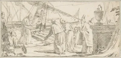 Illustration for a Book: Bishops and Monks Being Received at a Ship by a Venerable Dignitary