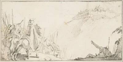 Illustration for a Book: Cardinal with Troops Facing a Fortification on a Hilltop
