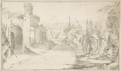 Illustration for a Book: Meeting Between Two Generals (?) before a Fortified Town