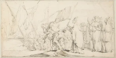Illustration for a Book: Pope Handing a Banner to a Crusader, with Ships in the Background