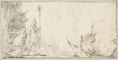 Illustration for a Book: Soldier in front of "General" Holding up a Decapitated Head on a Staff