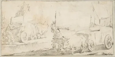 Illustration for a Book: Soldiers Driving Ox Carts with Banners