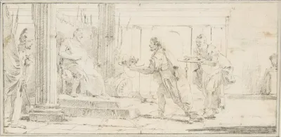 Illustration for a Book: Soldiers Offering the Decapitated Head of a Man and Keys to a General