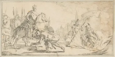 Illustration for a Book: Soldiers Surrendering to an Emperor, with a City in the Background