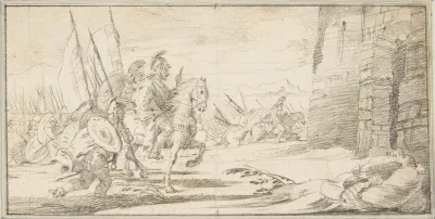 Illustration for a Book: Troops Advancing toward a City Gate