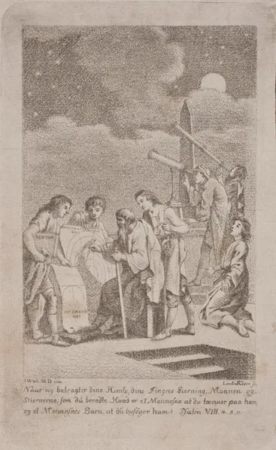 Illustration med astronomer og stjernekiggere