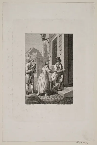 Illustration med kone der standser en herre ved en port mens en tjener ser til