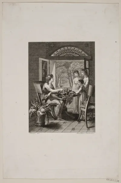 Illustration med kvinder om et bord i en havestue