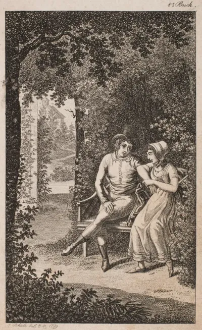 Illustration med par på bænk i en have
