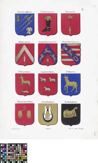 Illustration Page from "De ambachten en neringen van Brugge" by Gailliard: The Coats of Arms of the Guilds Plate 3.