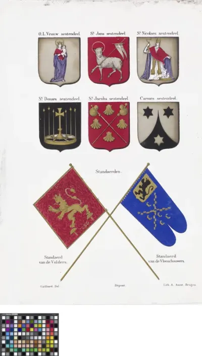 Illustration Page from "De ambachten en neringen van Brugge" by Gailliard: The Coats of Arms of the Six 'Sesdelen' or City Quarters at the Title Page