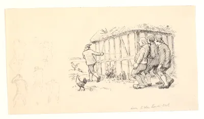 Illustration til Den lille hvide kat samt skitser af gående mænd