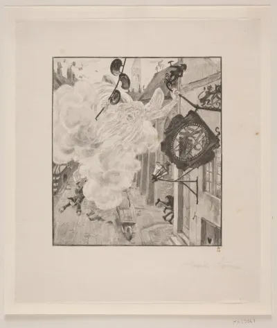 Illustration til H. C. Andersen: "Stormen flytter skilt"