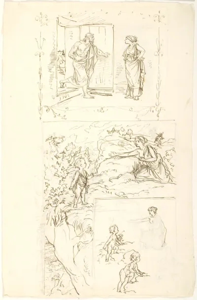 Illustration til humoreske af Makedonios "Just som jeg gik og tænkte paa, hvor rart det ville være, om min kone ville lægge sig til at dø..." F.n.: Illustration til digt af Parmenion. Moderen, der lokker barnet til sig ved at vise det sit bryst