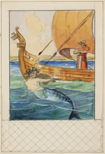 Illustration til Oehlenschläger med havfrue og en konge på et skib indpasset i rammeudkast