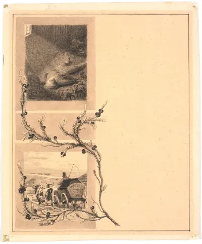 Illustration til St. St. Blicher: "Mowns". F.o.: Mowns liggende; f.n.: studevogn med kisten