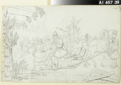 Ilmarinen Arrives Home with his Newlywed Wife; original drawing for the series "Kalevala. Finsk nationaldikt, framställd i teckningar av R. W. Ekman"