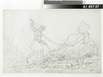 Ilmarinen Ploughs a Field of Vipers ; Original drawing for "Kalewala, Finsk National-dikt, framställd i teckningar af R.W.Ekman"