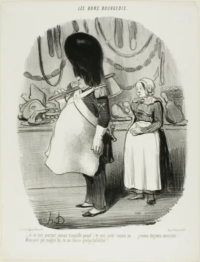 “- I'm never calm when I see you go out like this... I am always afraid, Monsieur Moussard, that you may be infidel,” plate 67 from Les Bons Bourgeois