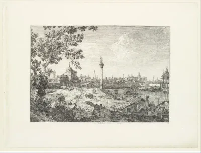 Imaginary View of Padua, with a campanile and domed church at left, a column surmounted by a statue of a saint at center, and a cottage and water-mill at right in the foreground, from "Views" (Vedute altre prese da i luoghi altre ideate da Antonio Ca