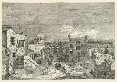 Imaginary View of Venice, houses at left with figures on terraces, a domed church at center in the background, boats and boat-sheds below, and a seated man observing from a wall at right in the foreground, from "Views" (Vedute altre prese da i luoghi