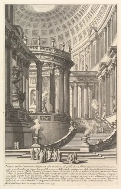 Imaginery ancient temple designed in the style of those built in honor of the Goddess Vesta... (Tempio antico inventato e disegnato alla maniera di quelli che si fabbricavano in onore della Dea Vesta...), from "Prima Parte di Architettura, e Prospett