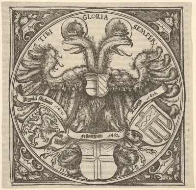 Imperial Double Eagle with the Coat of Arms of Ingolstadt, Freiburg, and Tübingen, from Joan. Eckii Theologi in summulas Petri Hispani extemporaria et succincta atque succosa explanatio p[ro] sup[er] ioris Germaniae scholasticis