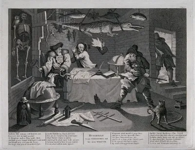 In a chamber containing stuffed animals, a globe and astrological devices Hudibras, about to draw his sword, startles Sidrophel and Whacum